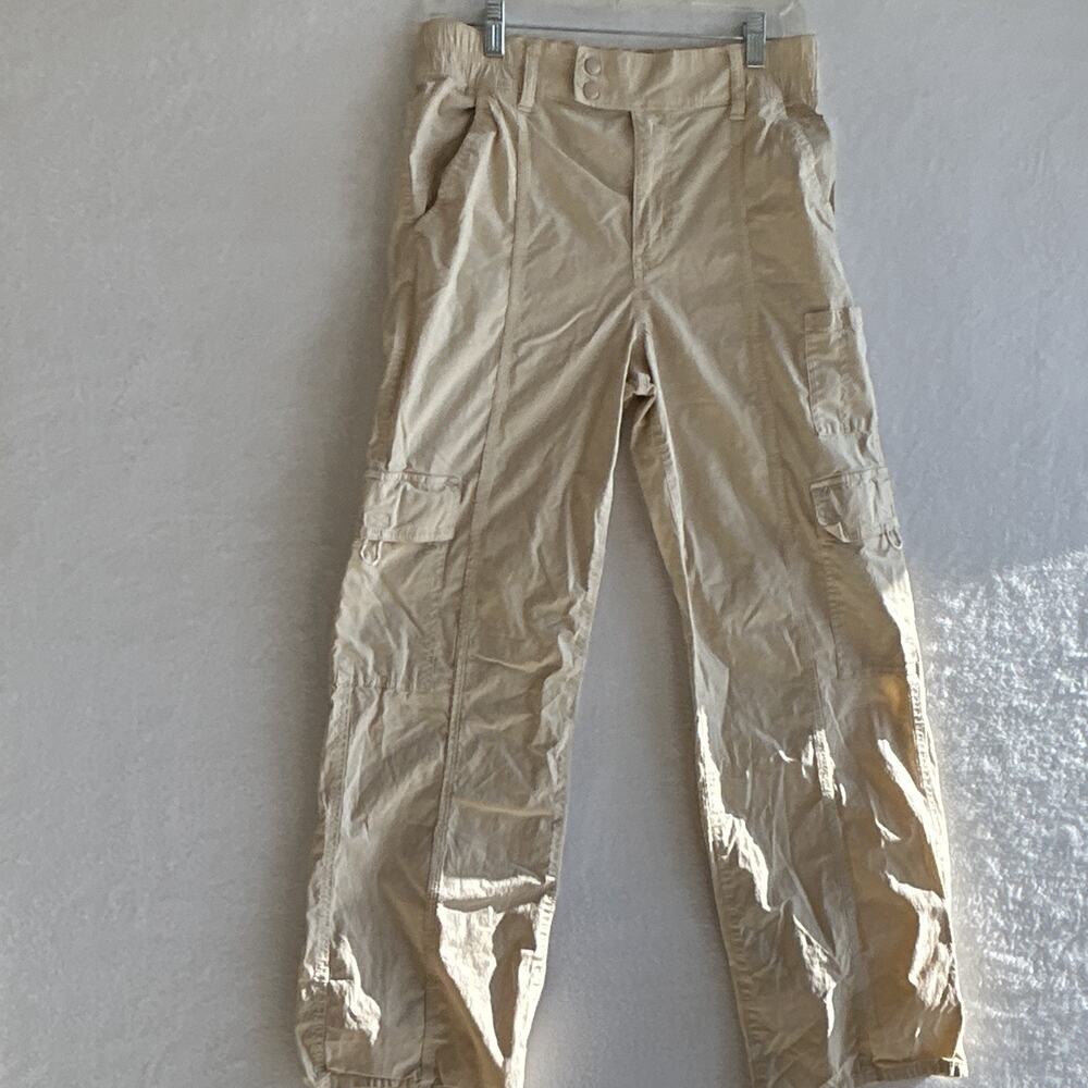 SO Women's Beige Solid Mid Rise Tapered Cargo Pants Canvas Stretch Pockets